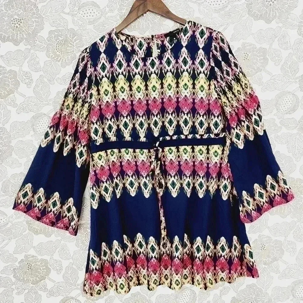 💥   Aztec Crewneck Bell Sleeve Tied waist Chiffon Mini Dress S Lined